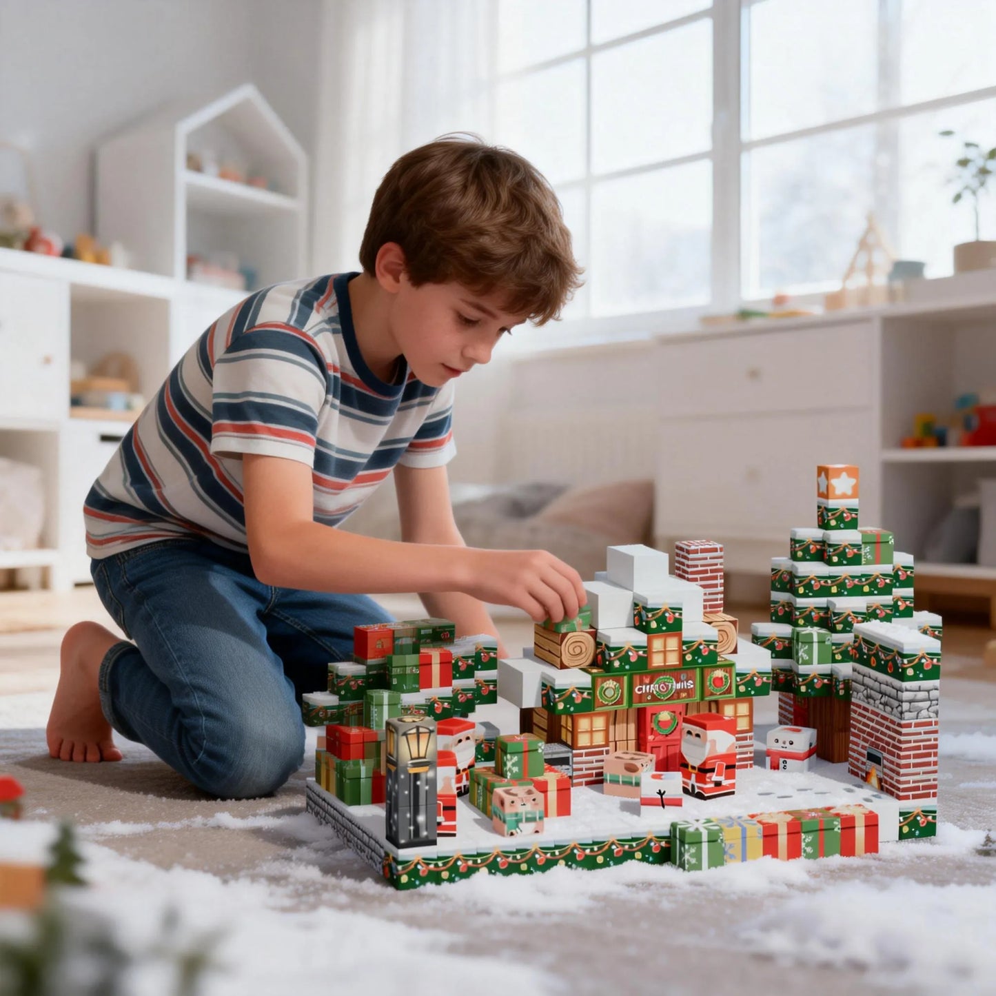 Parents and children developing fine motor skills through festive magnetic block play