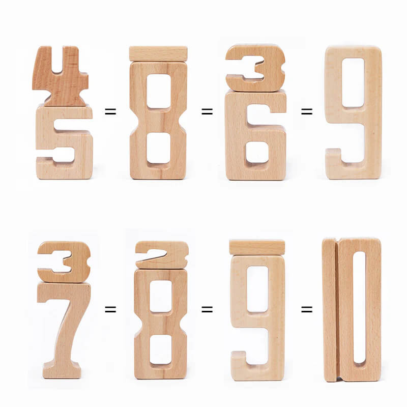 Vorschulkind, das umweltfreundliche Holz-Zahlblöcke als Lernspielzeug zum frühen Mathematiklernen nutzt