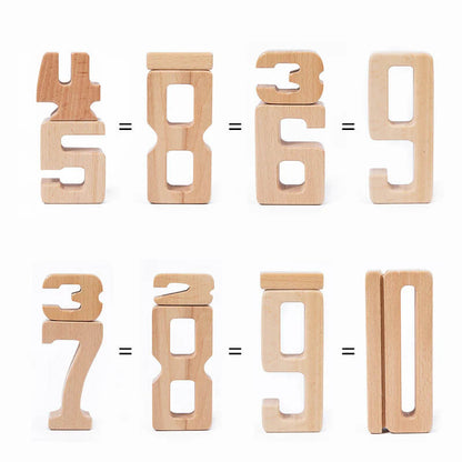 Vorschulkind, das umweltfreundliche Holz-Zahlblöcke als Lernspielzeug zum frühen Mathematiklernen nutzt