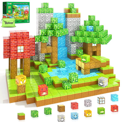 The Perfect Montessori Forest Set: Vibrant minecraft magnetic blocks ready for building imaginative woodland scenes.