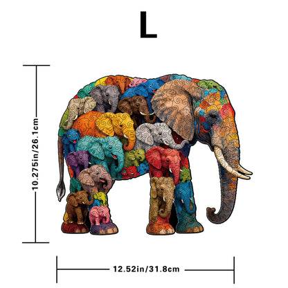 Elephant wooden puzzle with colorful animal-shaped pieces for adults and kids.