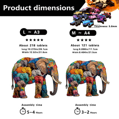 Elephant wooden puzzle with colorful animal-shaped pieces for adults and kids.