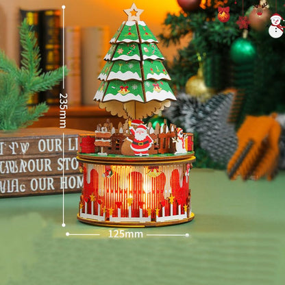 The assembled wooden music box displayed as a charming holiday decoration in a cozy home setting