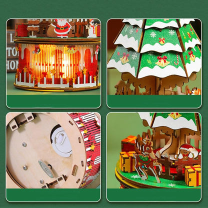 The assembled wooden music box displayed as a charming holiday decoration in a cozy home setting
