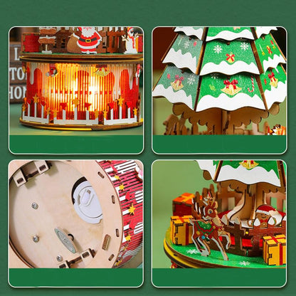 The assembled wooden music box displayed as a charming holiday decoration in a cozy home setting