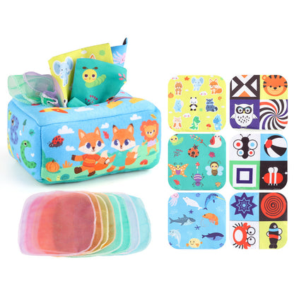 Baby spielt mit dem nach Montessori inspirierten sensorischen Taschentuchspielzeug und trainiert feinmotorische Fähigkeiten sowie visuelle Konzentration