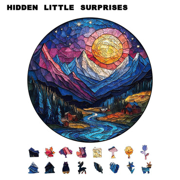 3D canyon sunset forest wooden puzzle with animal-shaped pieces and dual-use money bank design