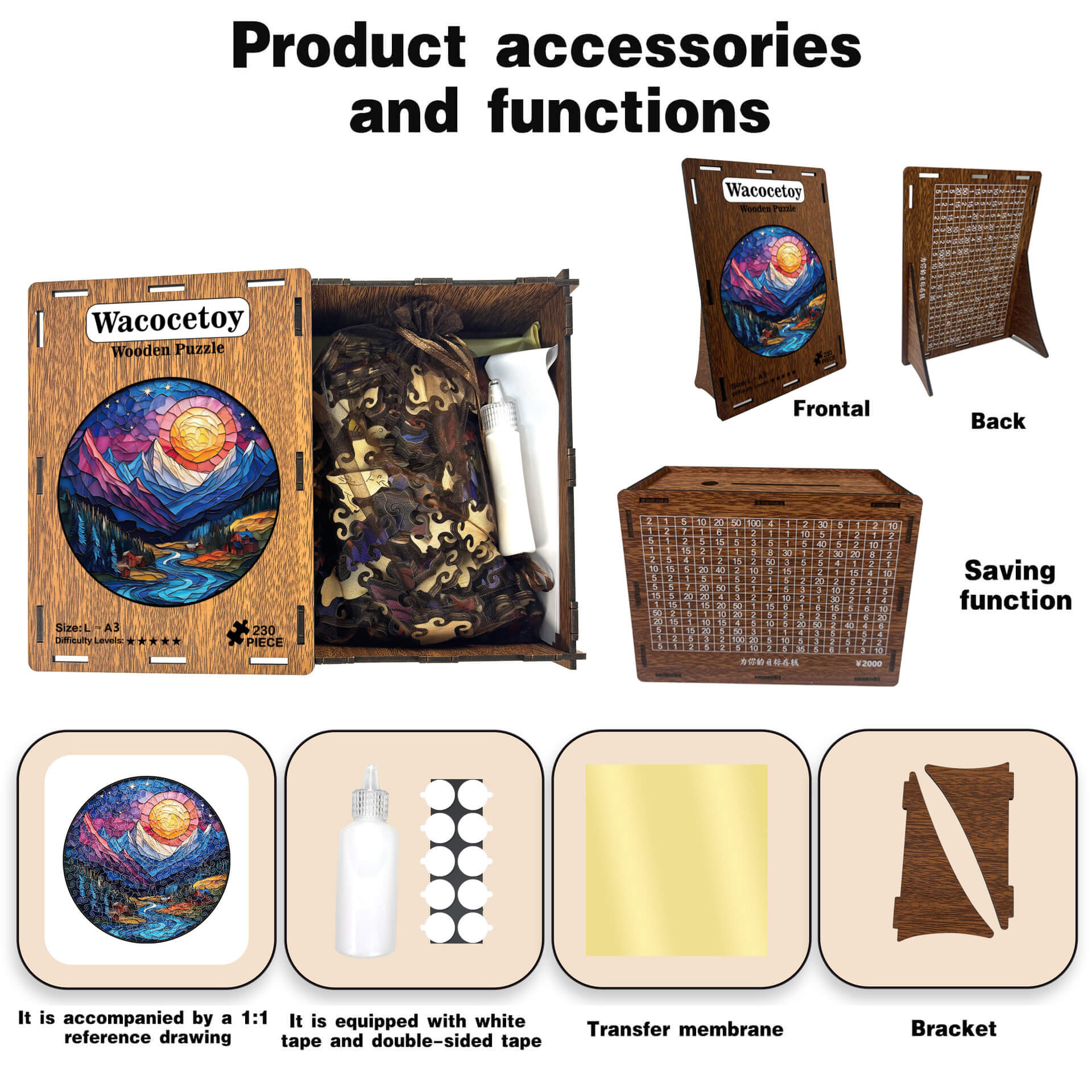 3D canyon sunset forest wooden puzzle with animal-shaped pieces and dual-use money bank design