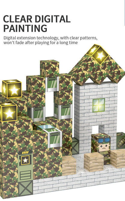 Kids building military forts with magnetic open ended blocks – top STEM toys for 3 year olds