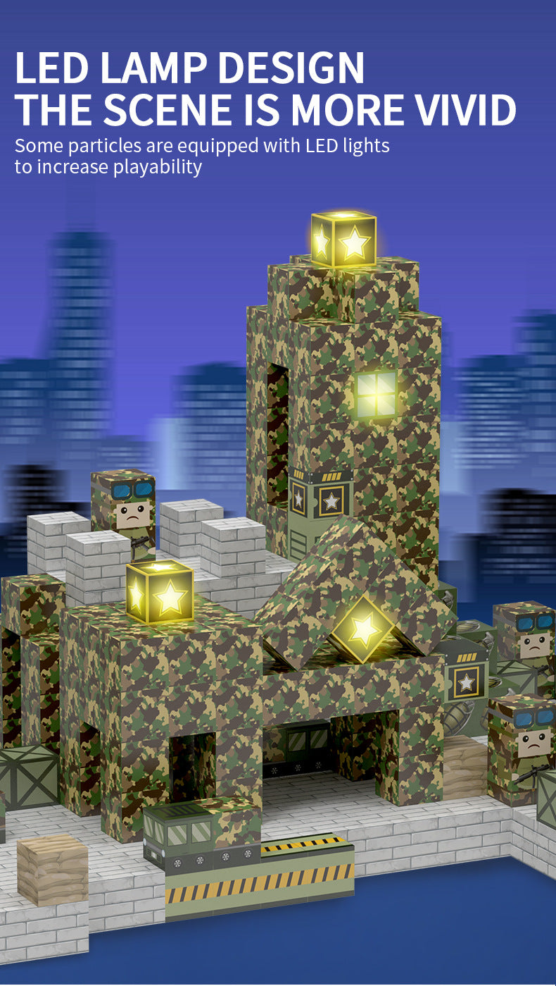 Kids building military forts with magnetic open ended blocks – top STEM toys for 3 year olds