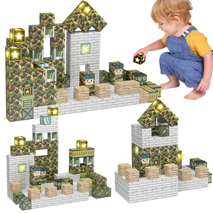 Kids building military forts with magnetic open ended blocks – top STEM toys for 3 year olds
