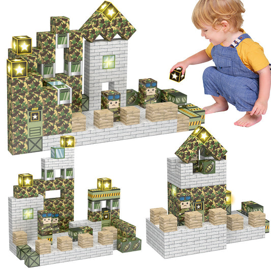Kids building military forts with magnetic open ended blocks – top STEM toys for 3 year olds