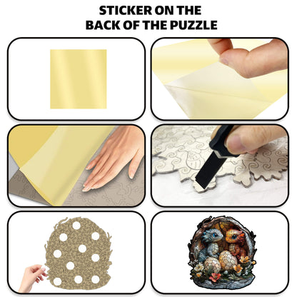 Wooden puzzle featuring two baby dragons hatching from their eggs in a magical dragon nest.