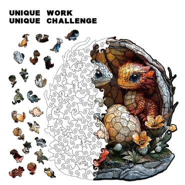 Wooden puzzle featuring two baby dragons hatching from their eggs in a magical dragon nest.