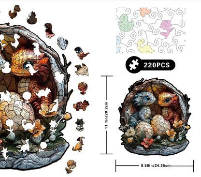Wooden puzzle featuring two baby dragons hatching from their eggs in a magical dragon nest.