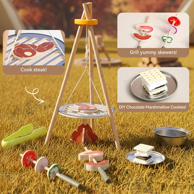 Immersive kids wooden campfire play set with stainless steel pots and grill on tabletop