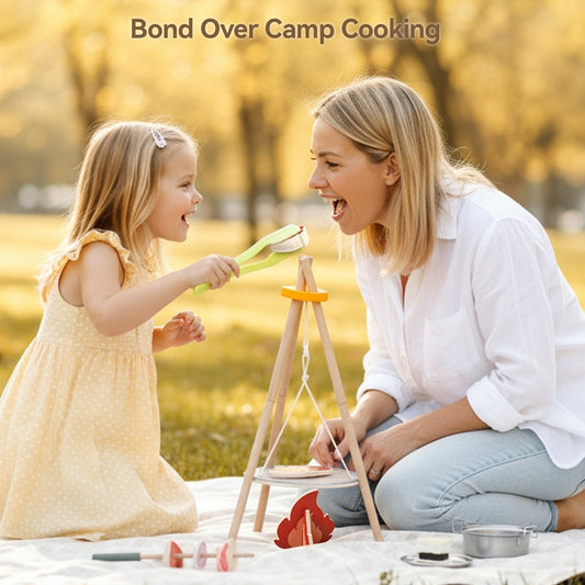 Immersive kids wooden campfire play set with stainless steel pots and grill on tabletop