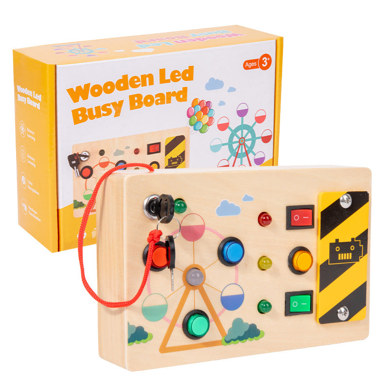 A Montessori-inspired wooden busy board for toddlers with engaging LED lights, switches, and buttons, designed for early education and sensory play.