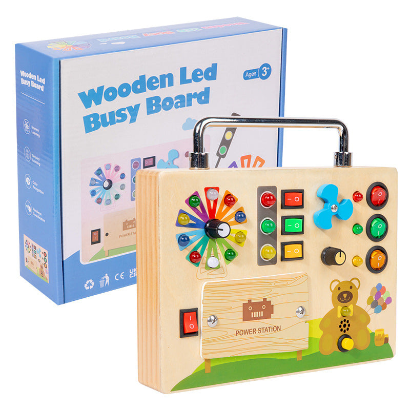 A Montessori-inspired wooden busy board for toddlers with engaging LED lights, switches, and buttons, designed for early education and sensory play.