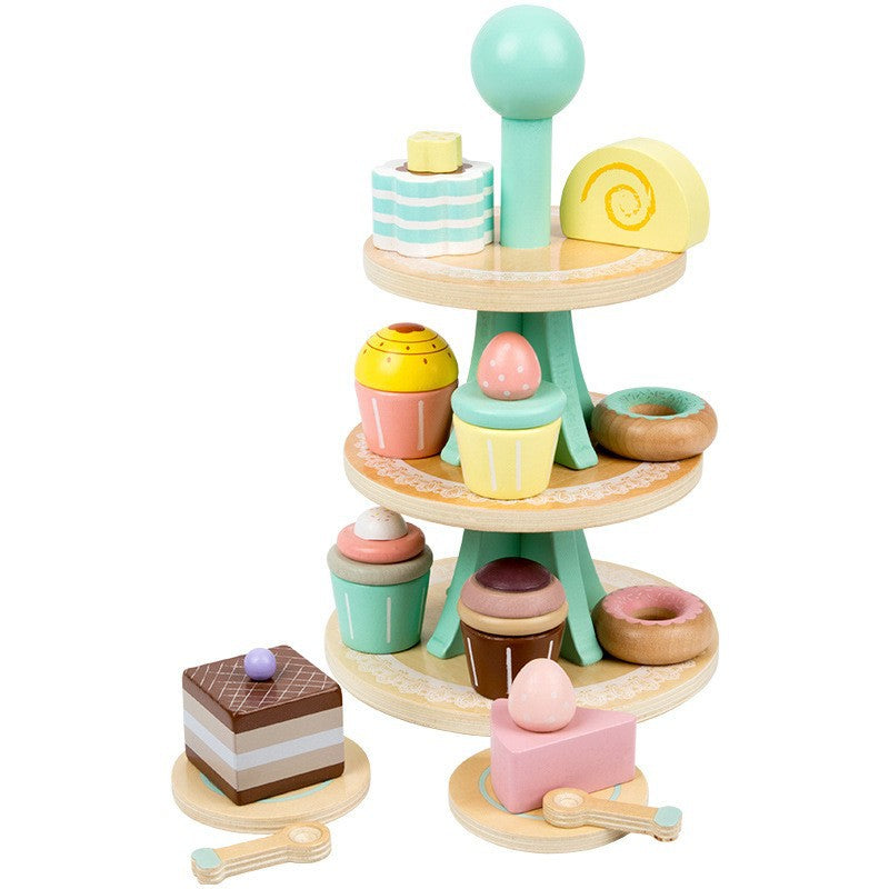 Pretend play dessert tea set with pastel macarons and cakes