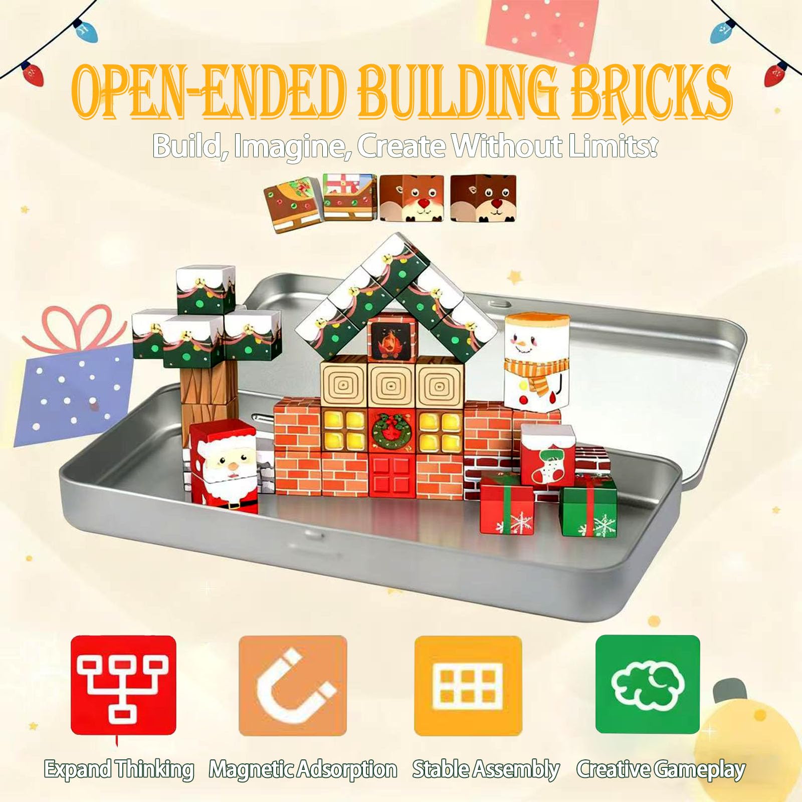 45-piece magnetic block travel toy set for building a festive Christmas scene and creative play.
