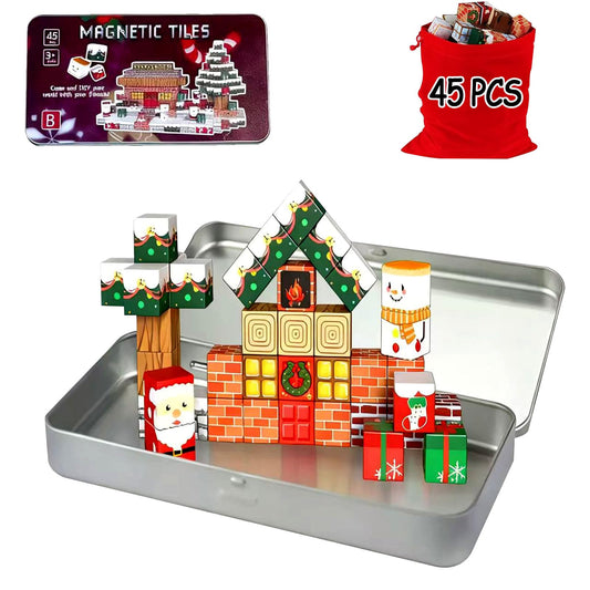 45-piece magnetic block travel toy set for building a festive Christmas scene and creative play.