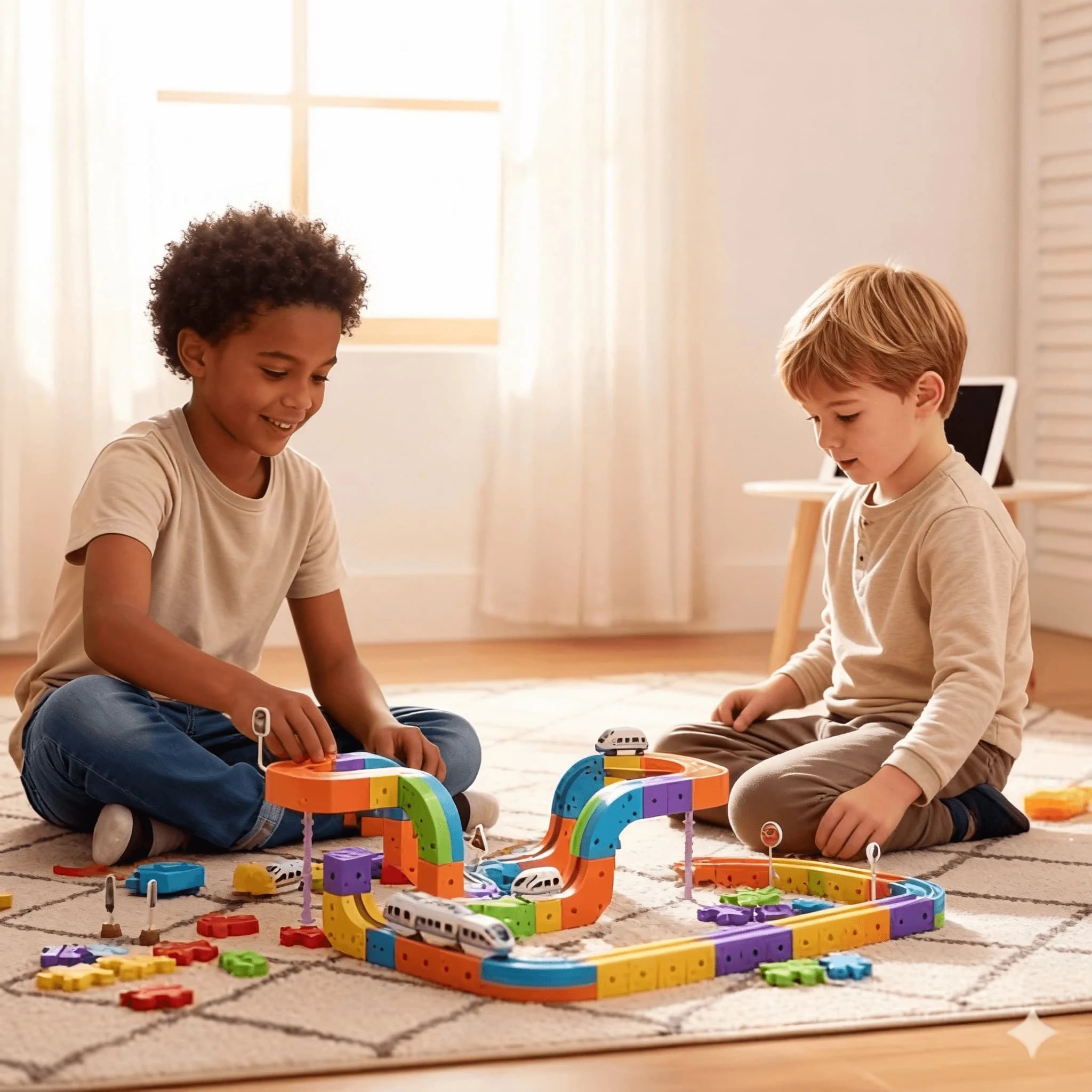 Children building creative tracks with a magnetic train toy set