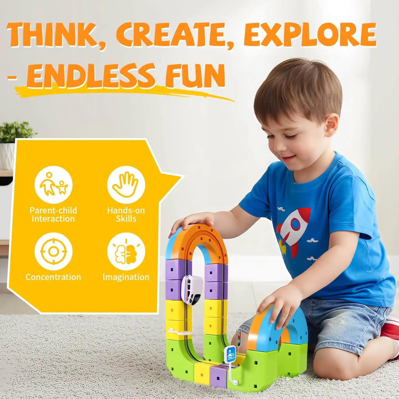 Children building creative tracks with a magnetic train toy set