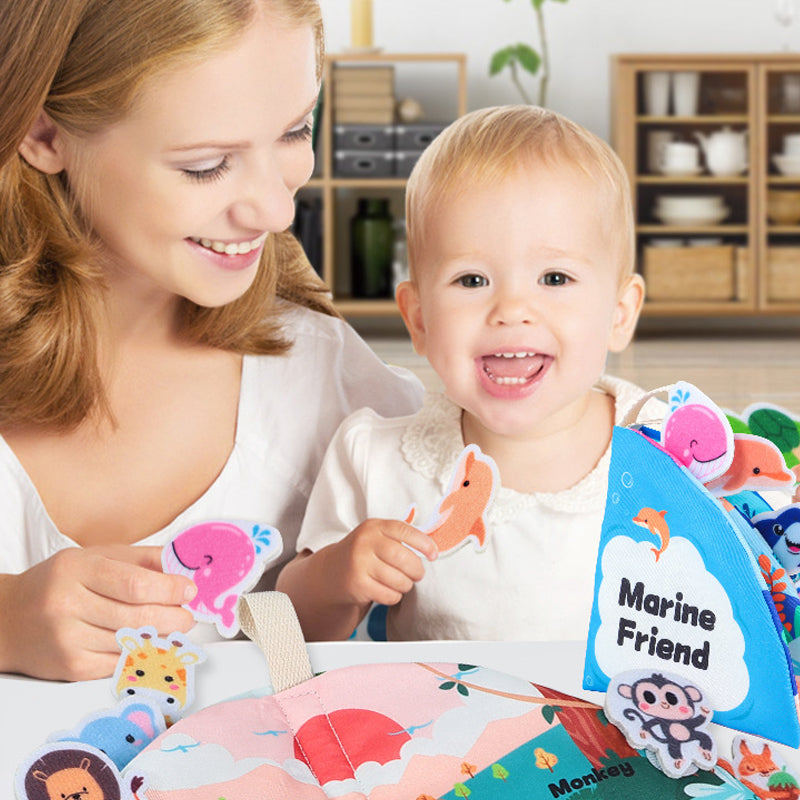 Durable tear-resistant busy book featuring sensory-rich patterns and strong Velcro for fun matching games that develop babies’ cognitive, sensory, and hand-eye coordination skills.
