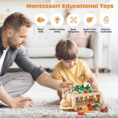 Montessori-Karotten-Erntespielzeug mit Holzwagen und abnehmbaren Karotten zum Formenpassen
