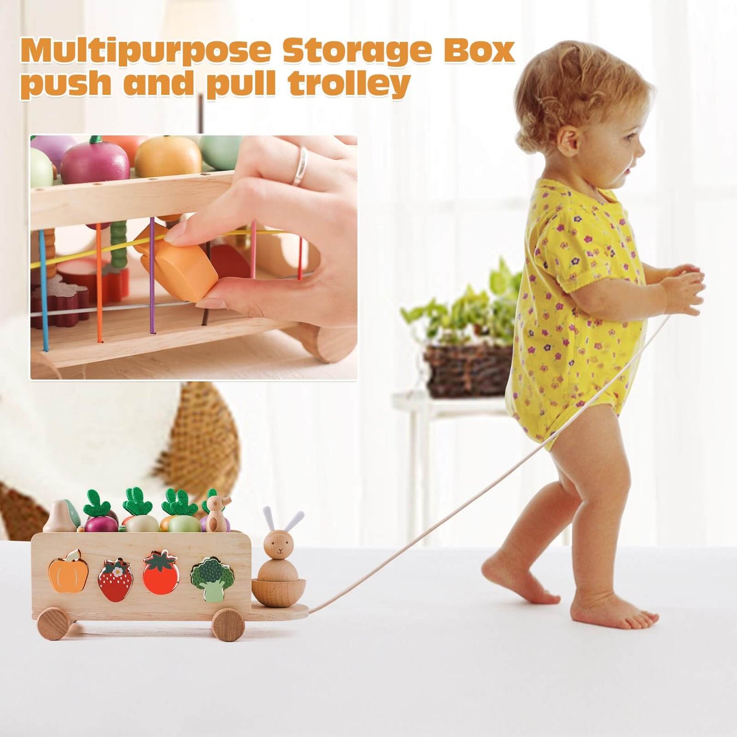 Montessori carrot harvest toy with wooden cart and removable carrots for shape matching.