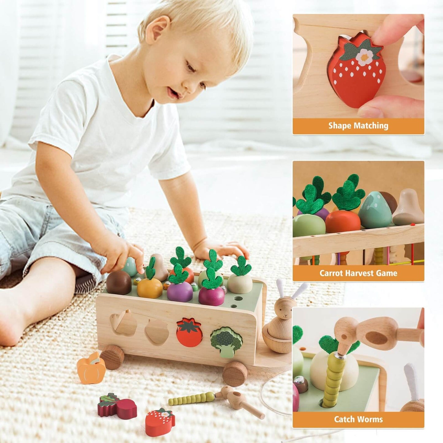 Montessori carrot harvest toy with wooden cart and removable carrots for shape matching.