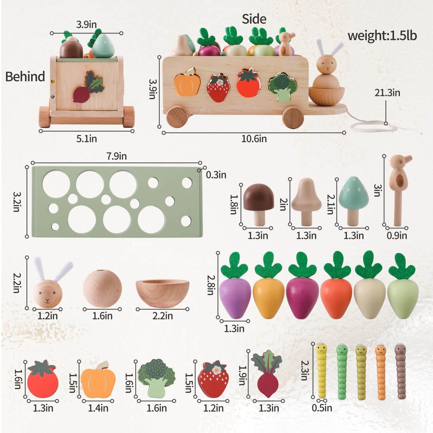 Montessori carrot harvest toy with wooden cart and removable carrots for shape matching.