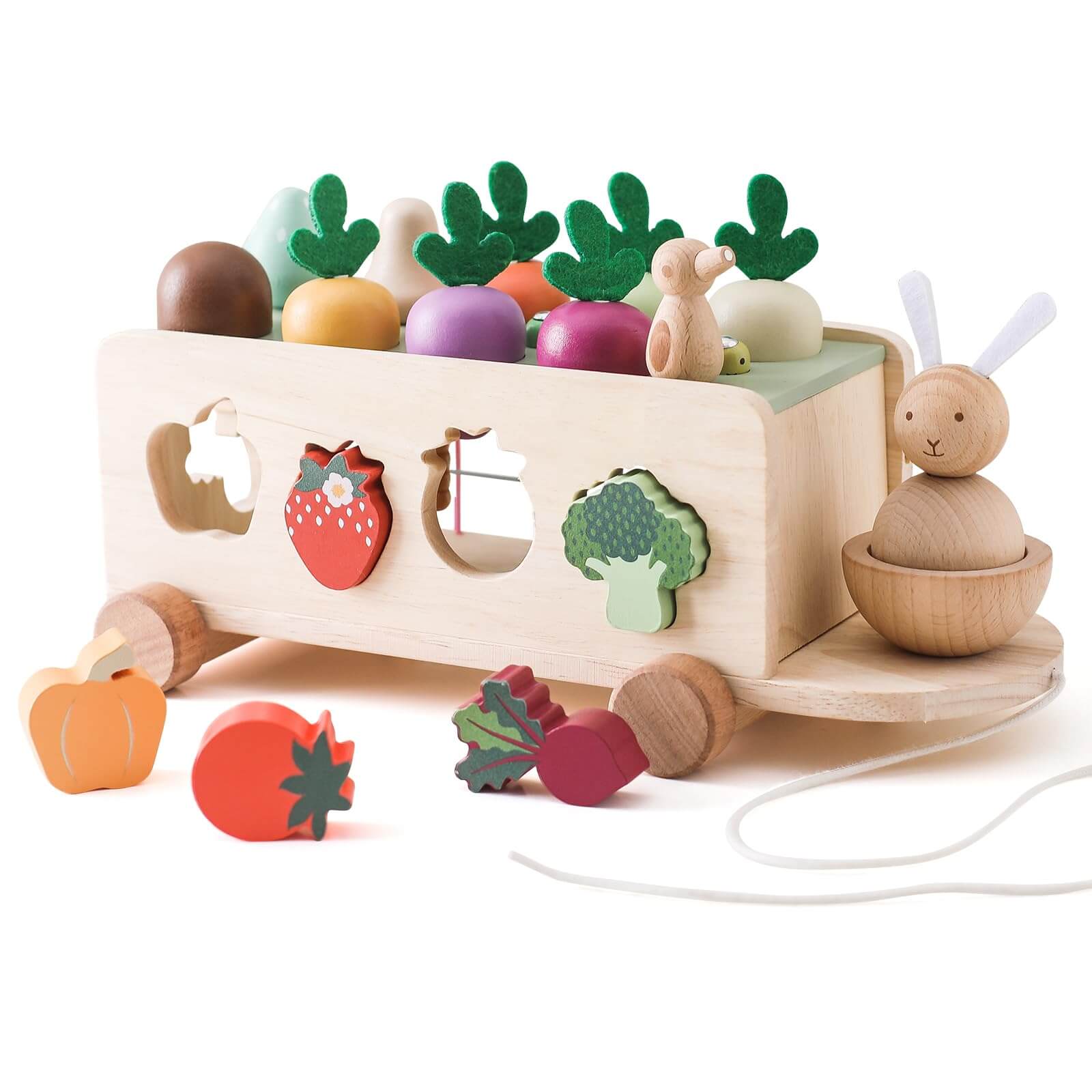 Montessori carrot harvest toy with wooden cart and removable carrots for shape matching.
