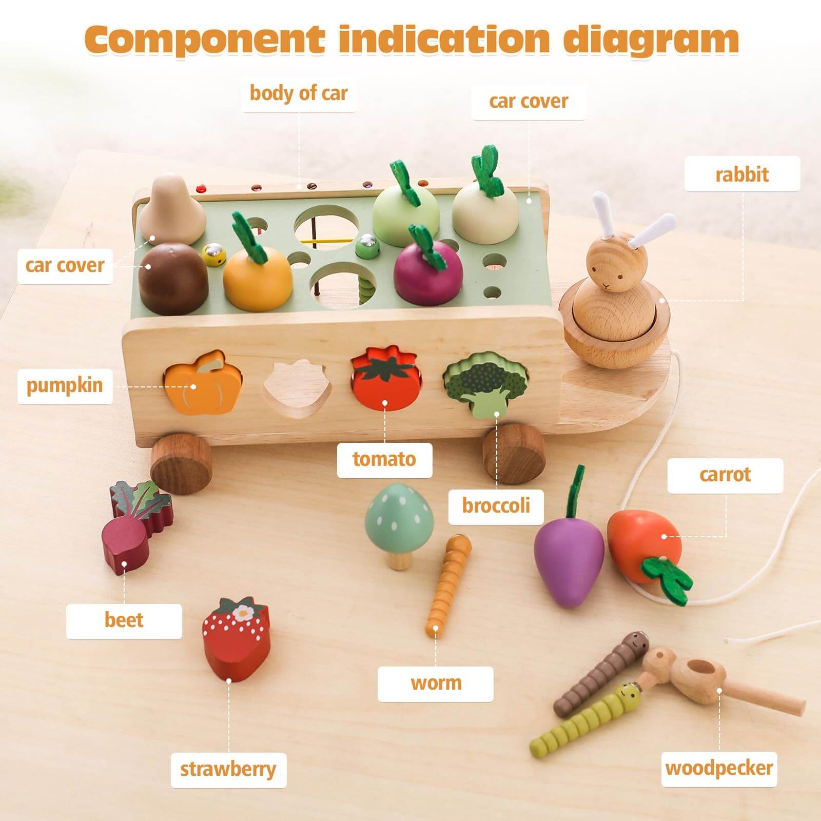 Montessori carrot harvest toy with wooden cart and removable carrots for shape matching.