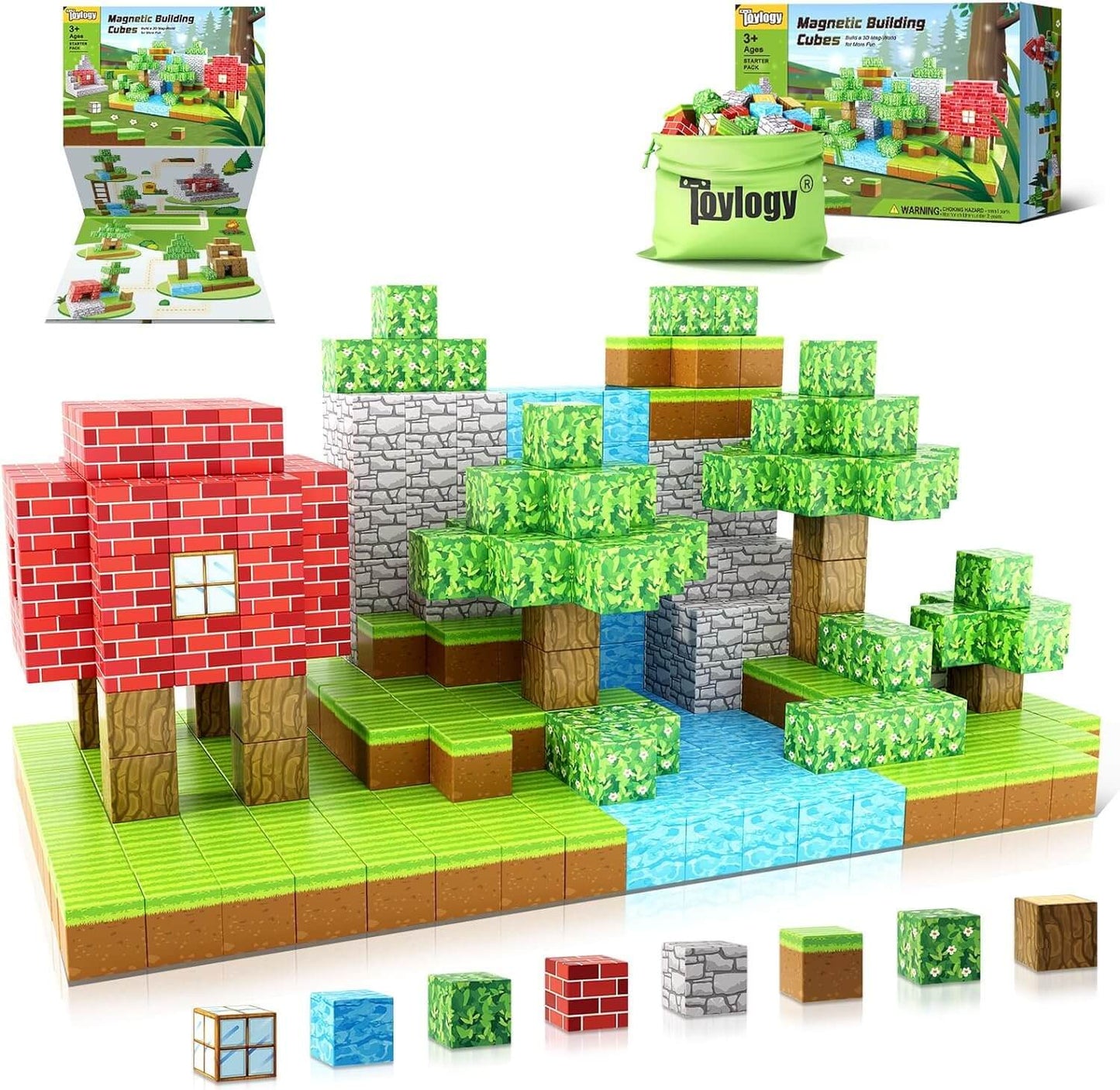 Child playing with Montessori magnetic building blocks creating primeval forest scene with trees, animals and rocks - educational STEM toy with magnets