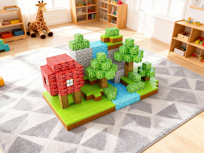 Child playing with Montessori magnetic building blocks creating primeval forest scene with trees, animals and rocks - educational STEM toy with magnets