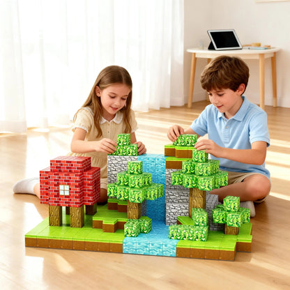 Child playing with Montessori magnetic building blocks creating primeval forest scene with trees, animals and rocks - educational STEM toy with magnets