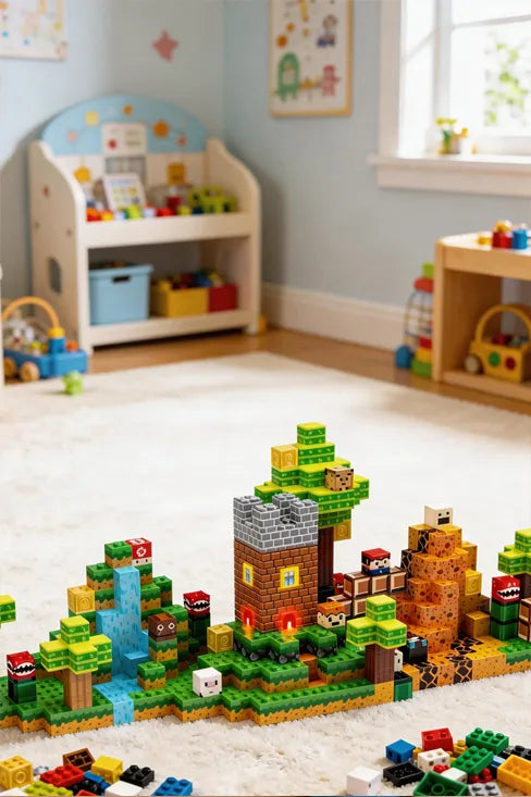 Colorful Montessori magnetic building blocks in various geometric shapes, stacked into a tall tower on a wooden floor, inspiring open-ended creativity and STEM learning for children.