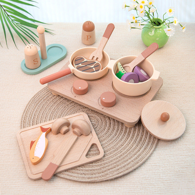 Montessori wooden food toy set with matching plates for toddlers