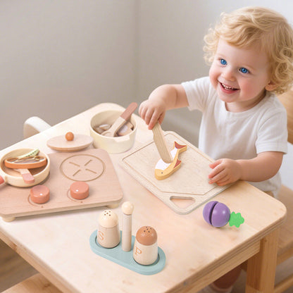 Montessori wooden food toy set with matching plates for toddlers