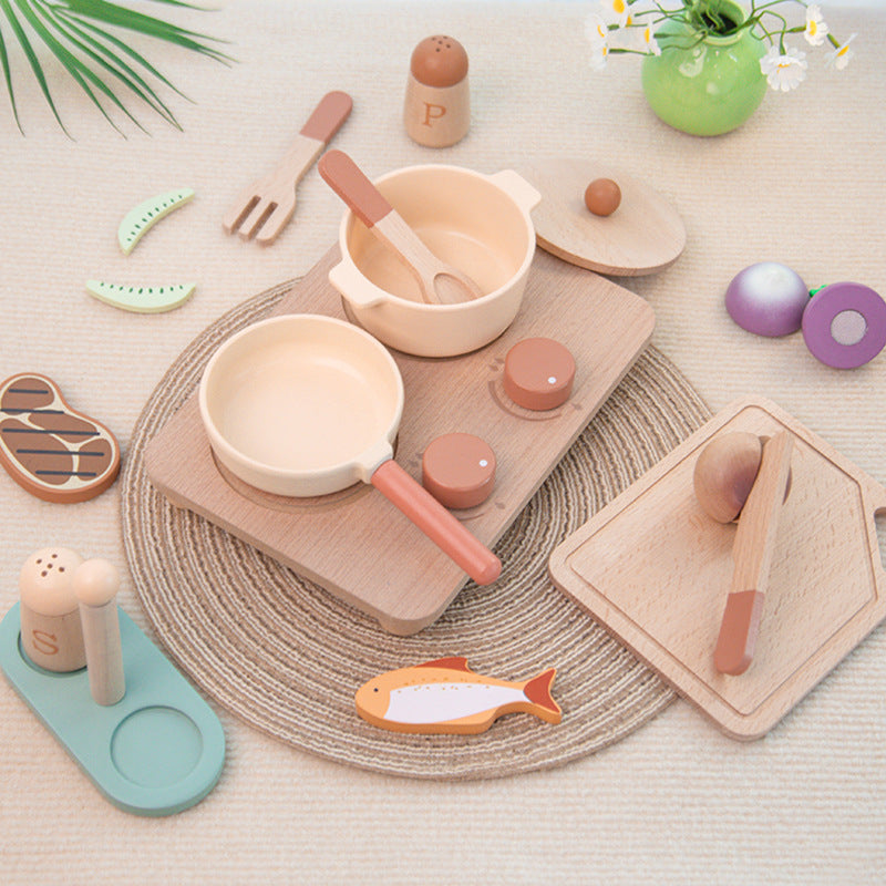 Montessori wooden food toy set with matching plates for toddlers