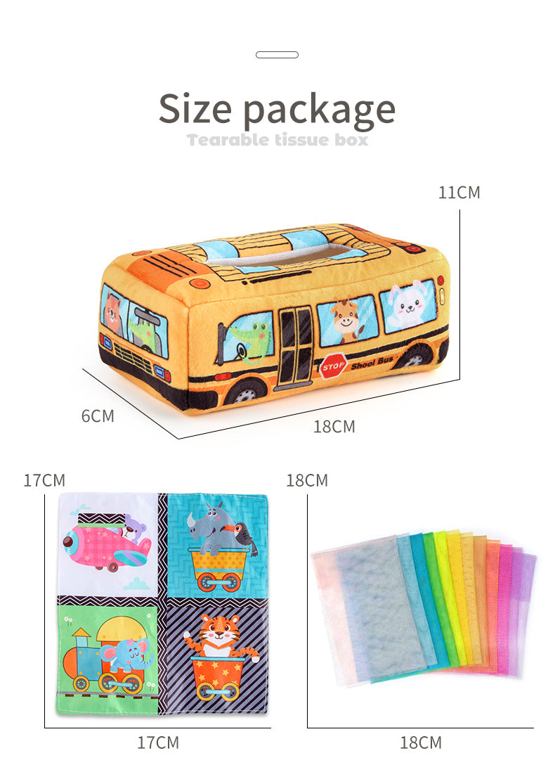 Montessori sensory tissue box toy shaped like a colorful bus, with crinkle tissues and alphabet cards for baby learning and play