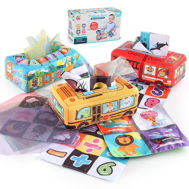 Montessori sensory tissue box toy shaped like a colorful bus, with crinkle tissues and alphabet cards for baby learning and play