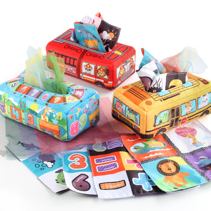 Montessori Sensorik-Taschentuchbox-Spielzeug in Form eines bunten Busses mit knisternden Taschentüchern und Alphabetkarten zum Lernen und Spielen von Babys