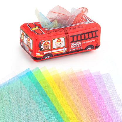 Montessori Sensorik-Taschentuchbox-Spielzeug in Form eines bunten Busses mit knisternden Taschentüchern und Alphabetkarten zum Lernen und Spielen von Babys