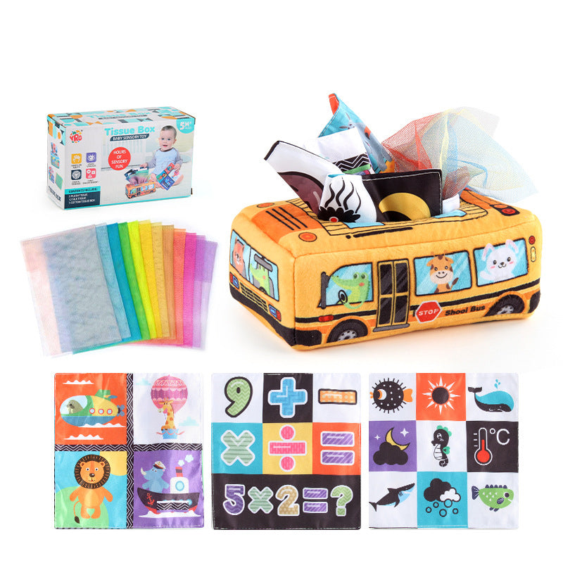 Montessori sensory tissue box toy shaped like a colorful bus, with crinkle tissues and alphabet cards for baby learning and play