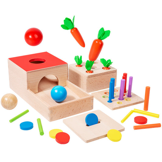 Montessori toy set with foldable storage box and colorful interactive lids
