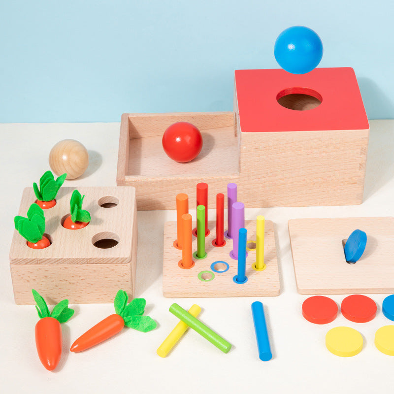 Montessori toy set with foldable storage box and colorful interactive lids