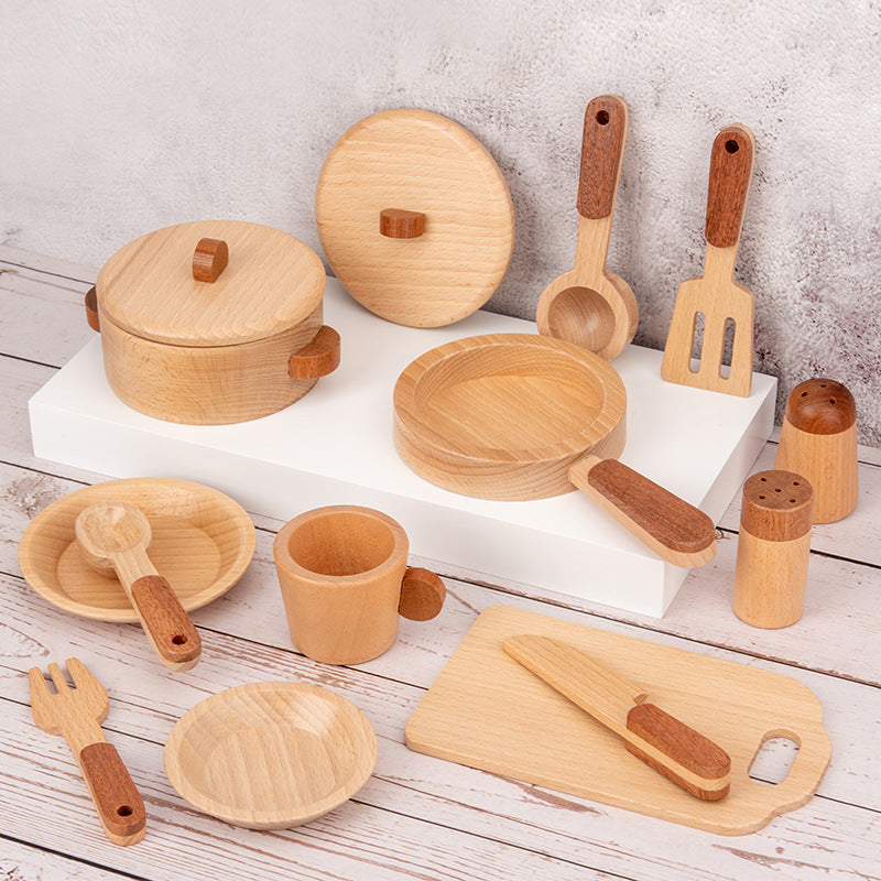 Montessori-inspired wooden kitchen playset for toddlers with realistic accessories